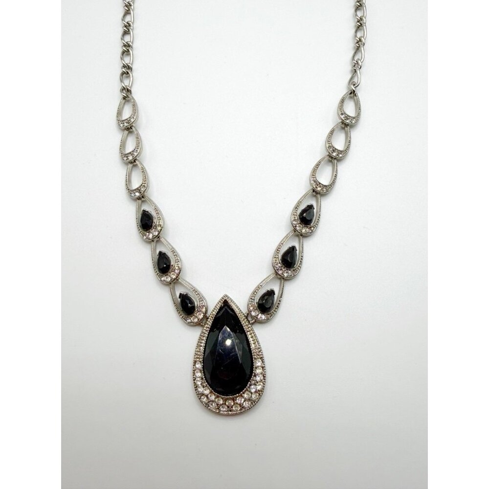 Monet‎ Signed Black Crystals Ballroom Tear Drop 18" Silver Tone Jewelry Necklace